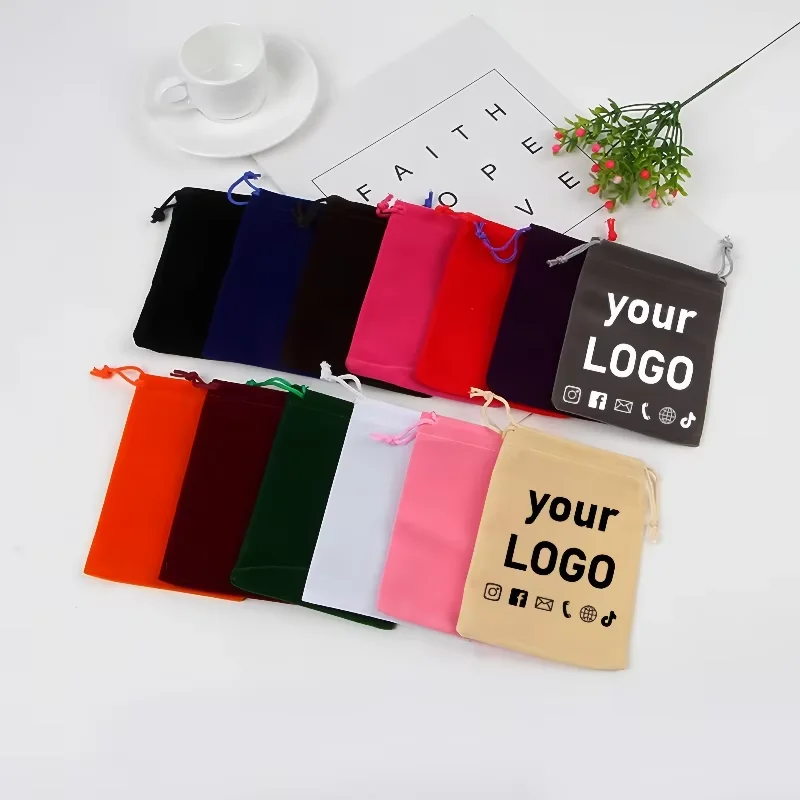 

100PCS/Lot Colorful Velvet Drawstring Pouches Custom logo Multi-Size Jewelry & Candy Storage, Festival Gift Display Packaging