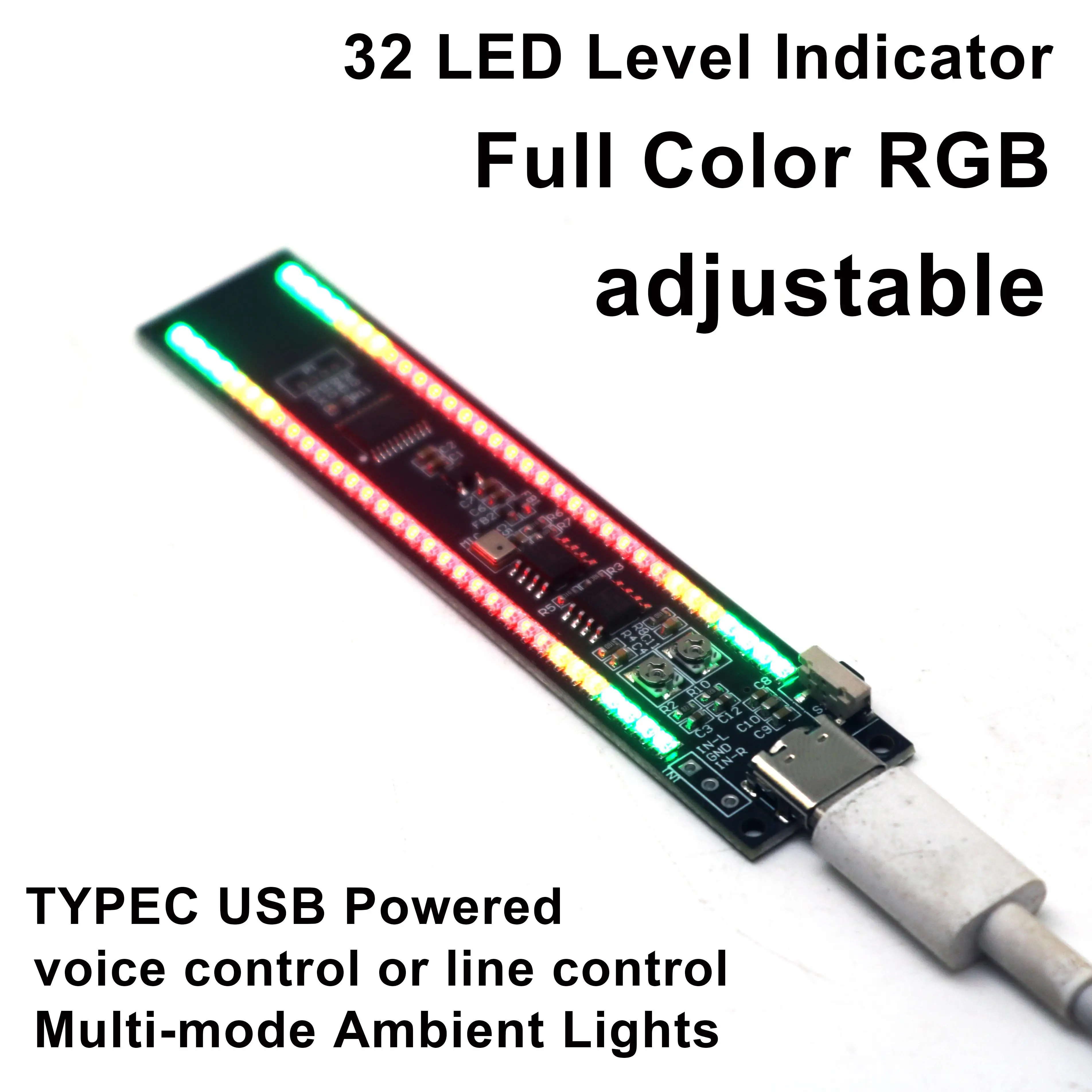 Tipo-c 32 led indicador de nível áudio música espectro lâmpada ajustável cor cheia rgb música ritmo luz multimodo iluminação ambiente