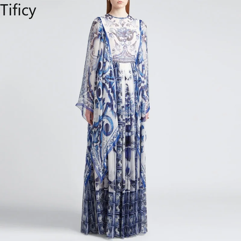 

TIFICY Fashion Elegant Dress Women's Summer New Round Neck Long Sleeved Blue and White Floral Print Elegant Long Dresses