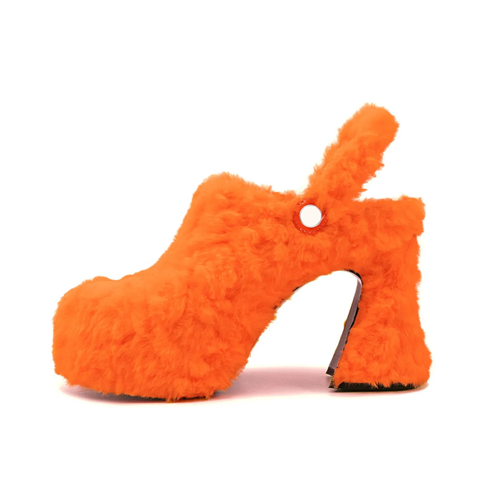 Arden Furtado Spring Fur Platform Mules Round toe Chunky heel Closed toe slippers Rear trip belt Super high heel Catwalk shoes