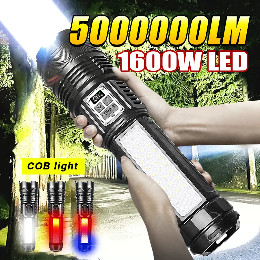 5000000LM Powerful LED Flashlights 1600W LED Rechargeable Torch With COB Light Tactical High Power Flashlight 15000mAh Lantern