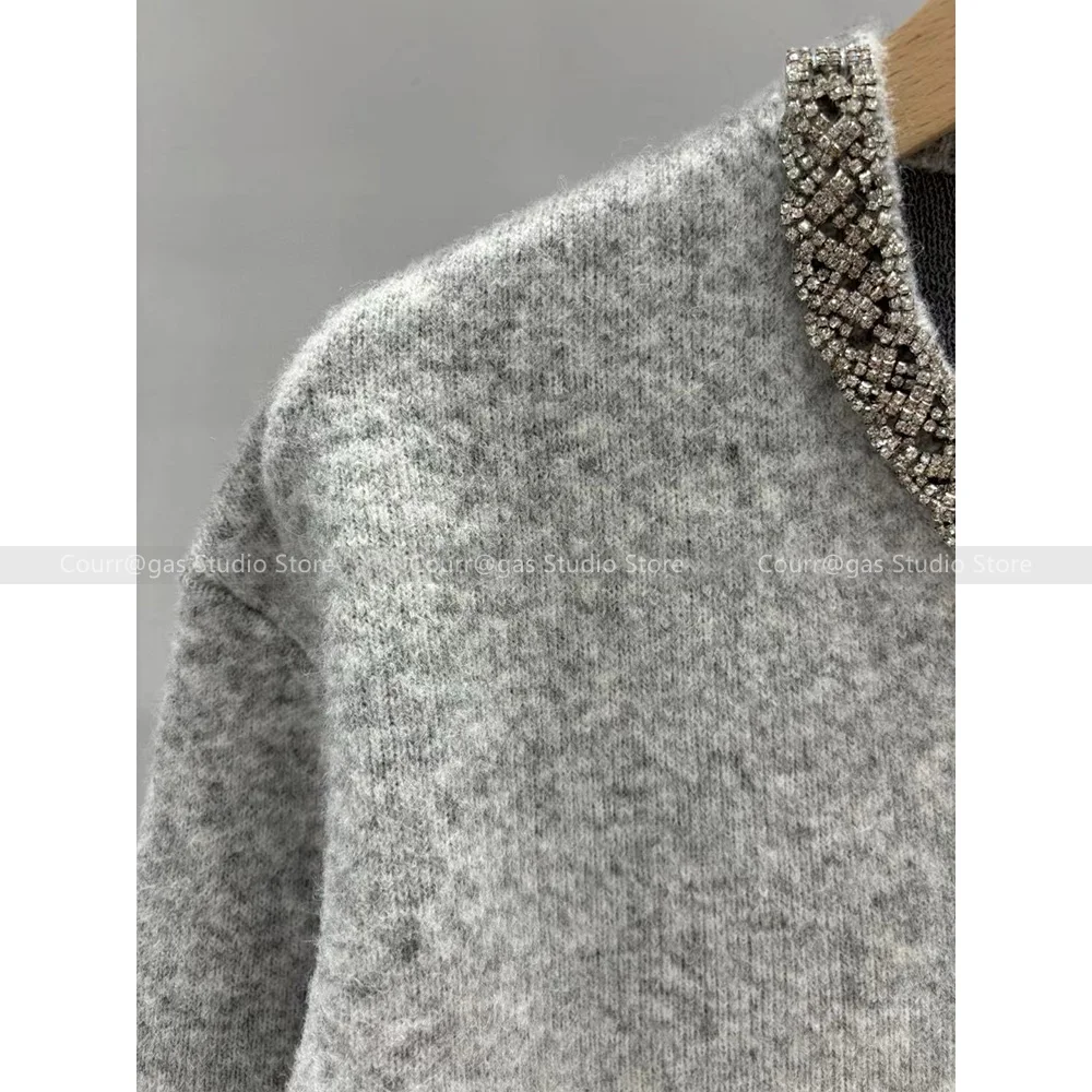 2024 Autumn new round neck diamond long sleeve knitted short sweater cardigan for women