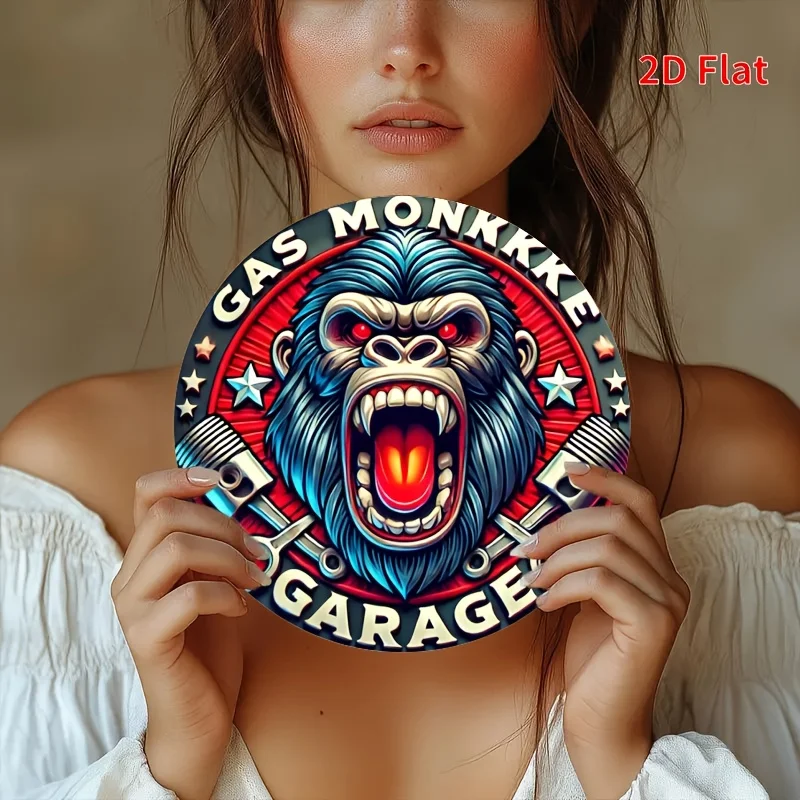 2D-Flachdruck, 1 Stück, klassischer Stil 8 x 8 Zoll, rundes Eisenschild „Auto Repair Gorilla Logo“, 2D-High-Definition-Druck, Perfec
