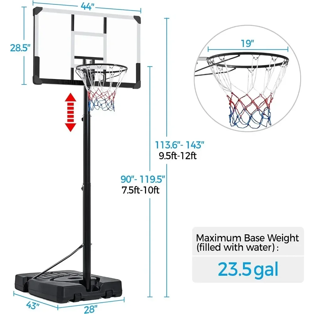 Basketball Hoop Portable 44 Inch Basketball Goal System Height Adjustable 7.5-10ft with PVC Backboard and 2 Wheels