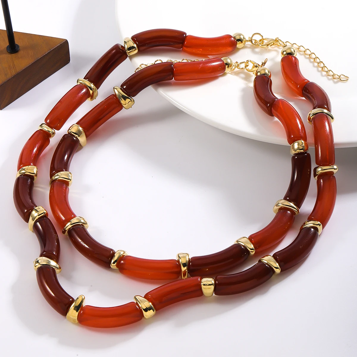 girlgo 2024 New ZAA 2 Pack Elastic Necklace, Vintage Resin Color Block Necklace Bracelet, Party Banquet Jewelry