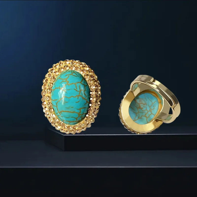 

Vintage Trend Turquoise Copper Plated 18K Gold Adjustable Ring for Women Personalized Jewelry Gift