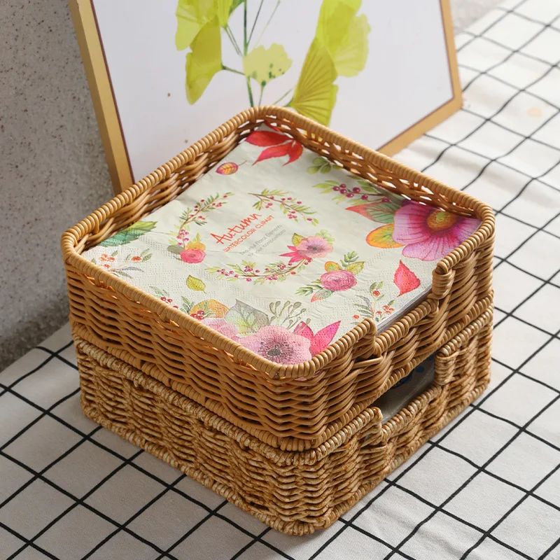 Napkin Holder Tray Plastic Rattan Square Tissue Organizer Woven Box  Table Paper Wicker Storage Bathroom Storage Basket