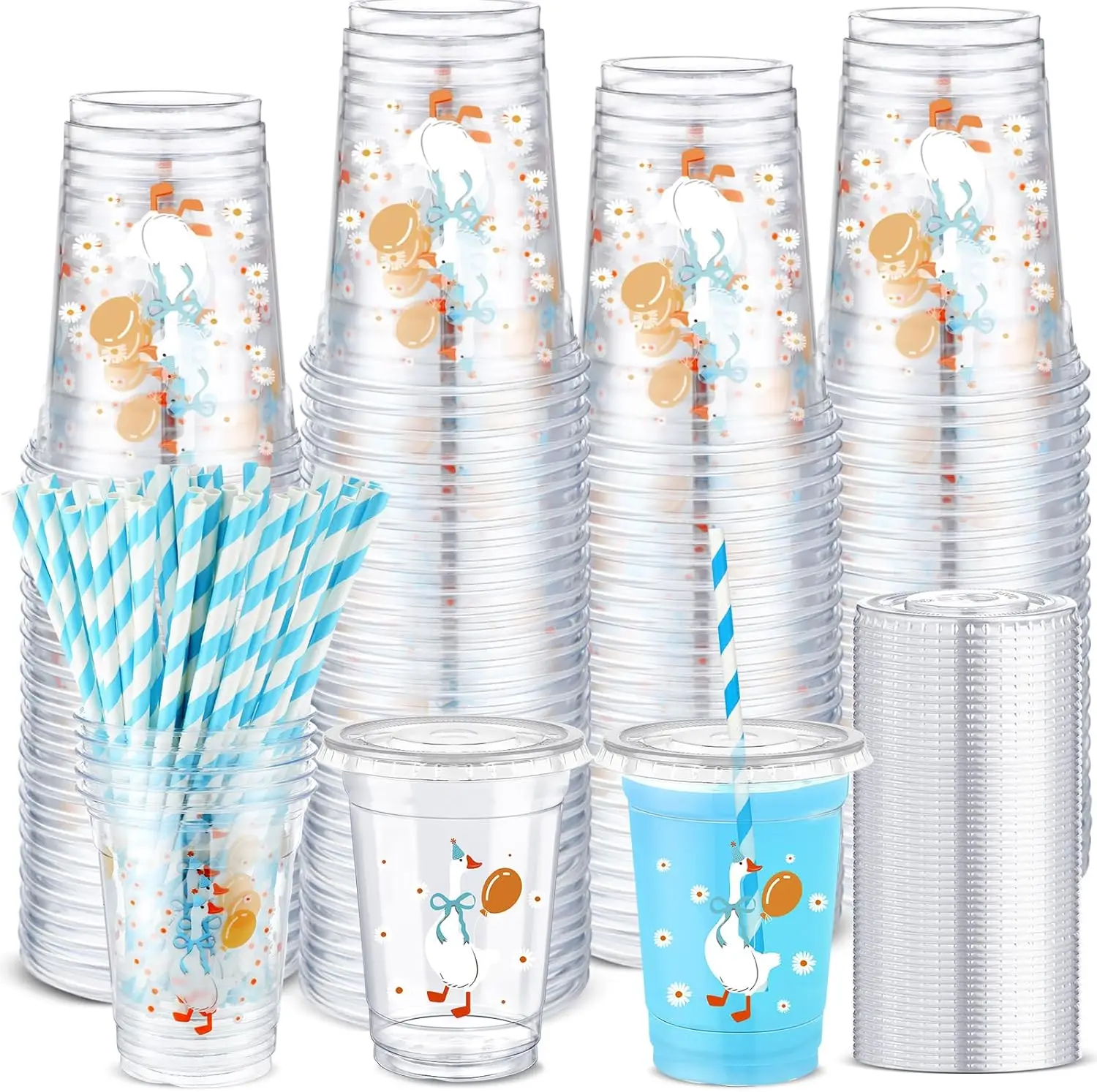 

50 Sets Silly Goose Bow Disposable Cups for Baby Shower with Lids and Straws Plastic 12 oz Cute Bowknot Goose Cold Bever