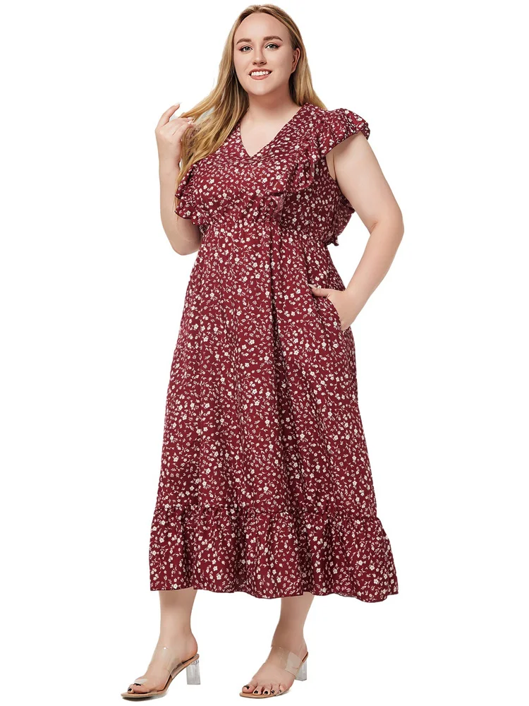 GIBSIE Plus Size Ditsy Floral V Neck Ruffle Hem Dress 2024 Boho Summer Women Holiday High Waist A-line Pockets Long Dresses