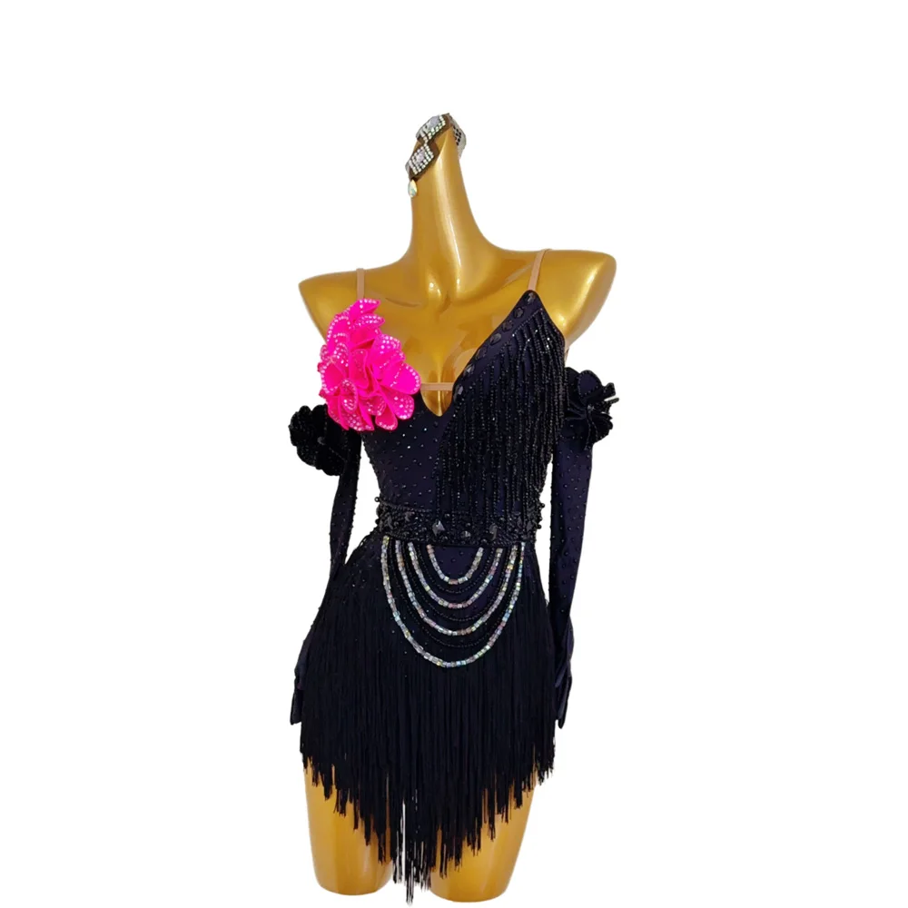 

Latin Dance Adult Children'S Dress AB Stone High-End Custom Black Dress Rose Red Flower Cha Tango Women'S Clothing