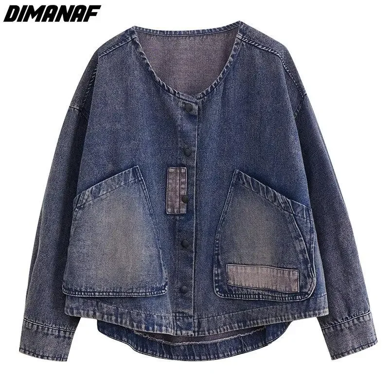 Dimanaf 2024 New Plus Size Jacket O-Neck Coats Women Solid Coats Casual Autumn Loose Denim Cotton Buttons Oversize Short Jacket