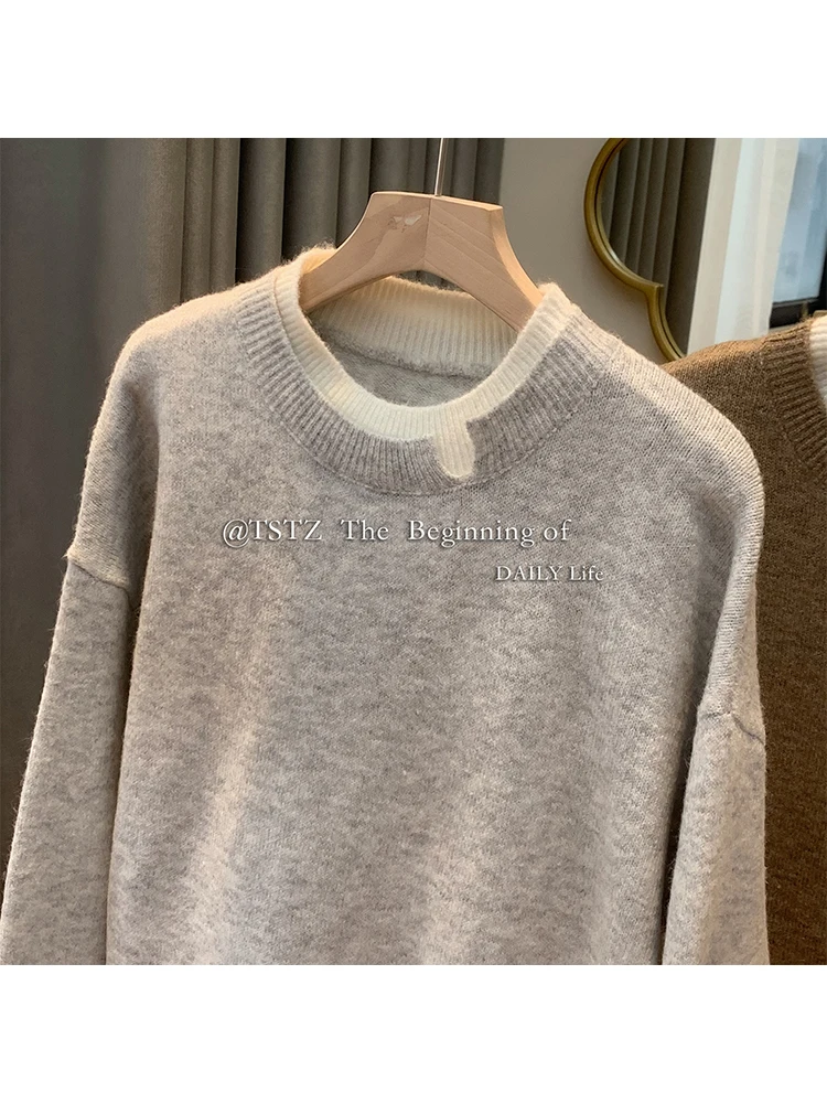 Loose Casual Fake Two Pieces Women Vintage Knitwear Jumper O-neck Long Sleeve Knit Pullover Sweater Autumn Winter Harajuku Chic