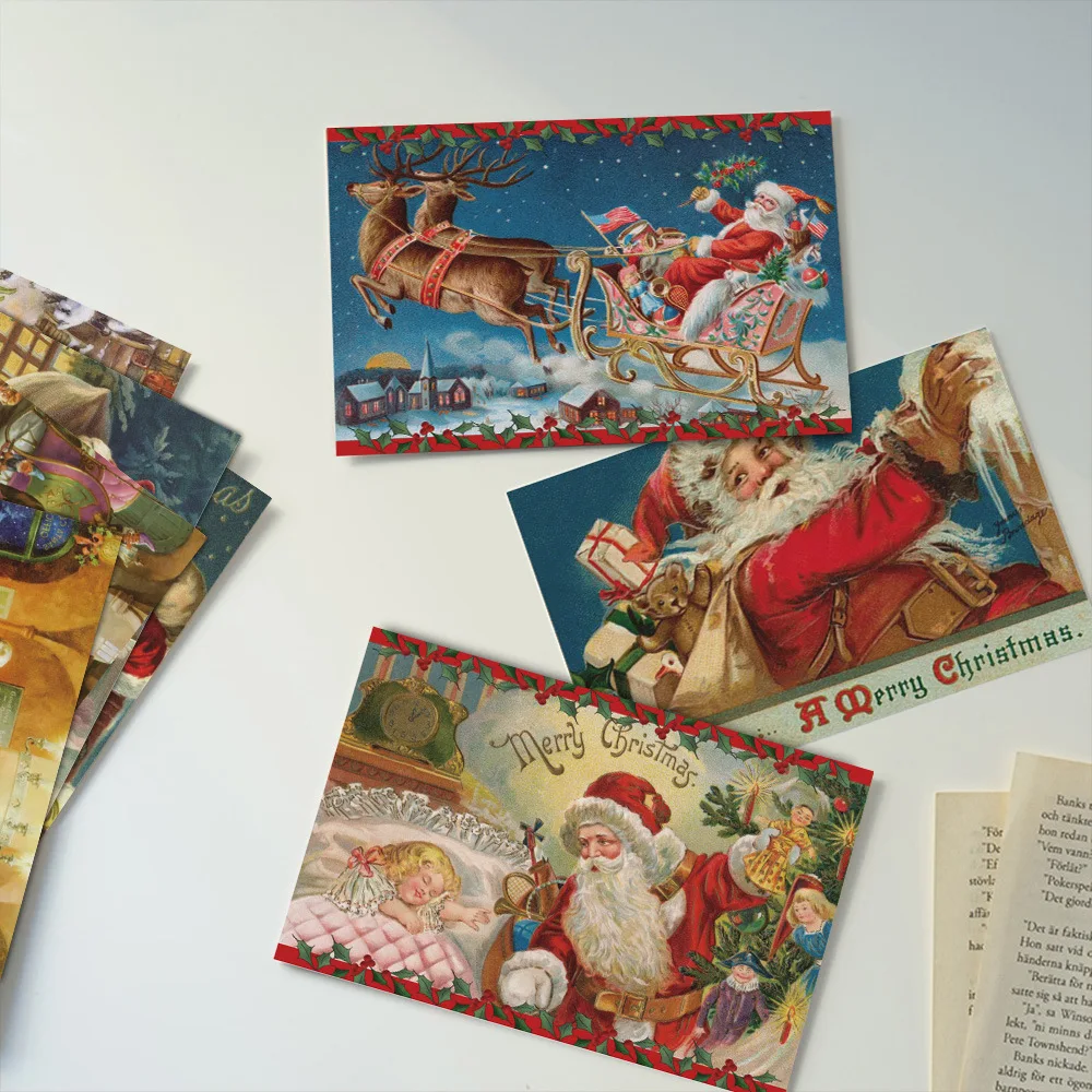 

10 Christmas Gift Cards Santa Claus Elk Vintage Postcards Message Cards Greeting Cards Wall Decoration Materials