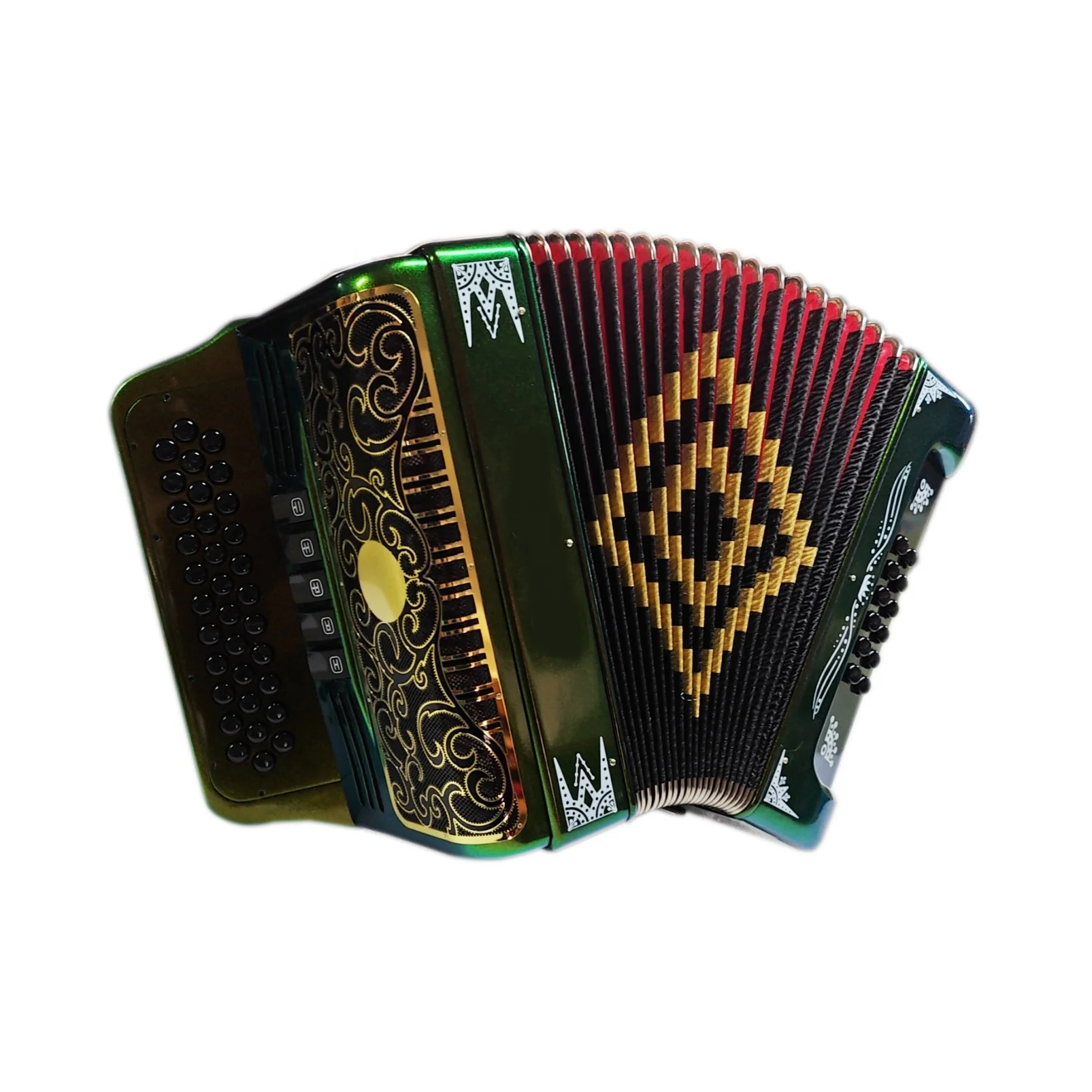 Accordion 34 Buttons 12 Bass 5 Registers Green Orange Chameleon Body Black Gold Grill Black Buttons JB3412D
