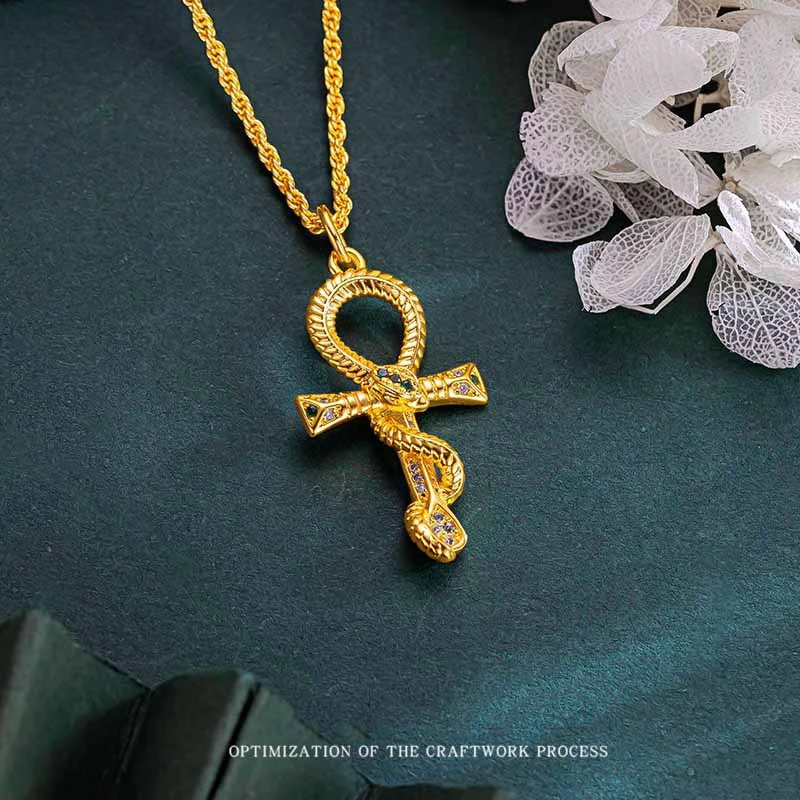 24K real gold Ancient Egyptian Snake Pendant Diamond-encrusted Snake 9999 Gold Cross style all-match high-grade pendant