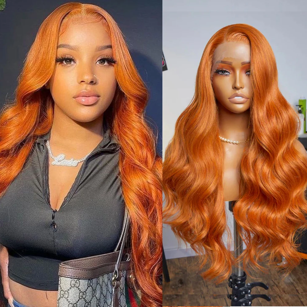 Orange Long Wave Wig Synthetic Lace Front Wigs For Women Heat Resistant Deep Wave Orange Wigs Daily Use Cosplay Natural Hairline