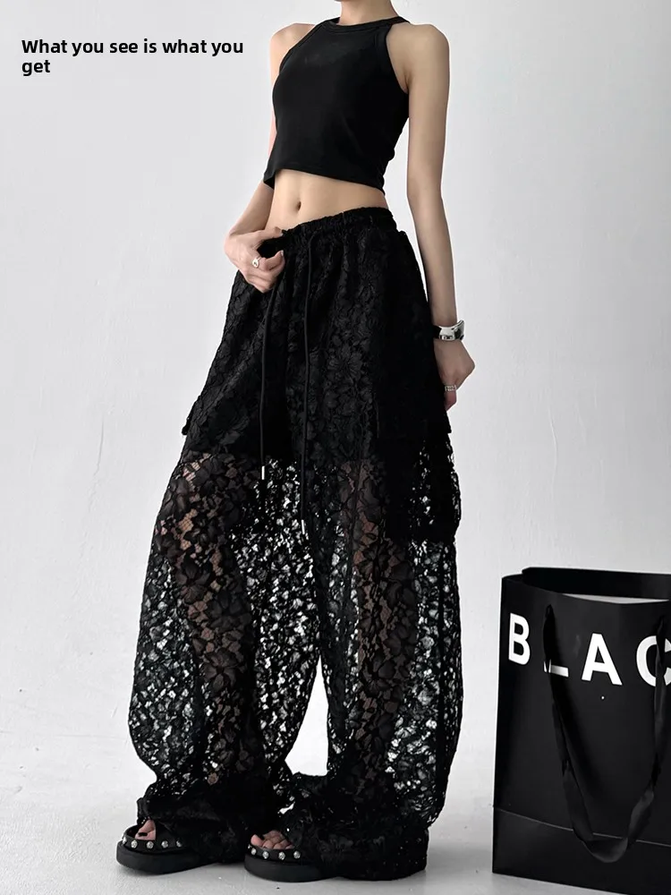 

Черные кружевные широкие повседневные брюки, женские летние универсальные брюки с вырезами, высококачественные прямые брюки свободного покроя