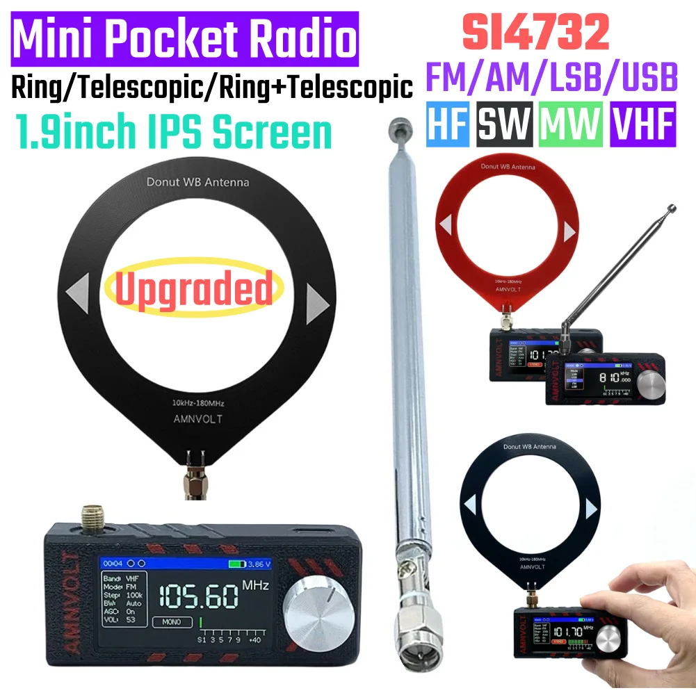 ATS MINI PRO راديو جيب صغير SI4732 0.5-108 ميجا هرتز HF SW MW VHF جميع الموجات راديو LSB USB AM FM 1.9in شاشة دونات + هوائي تليسكوبي