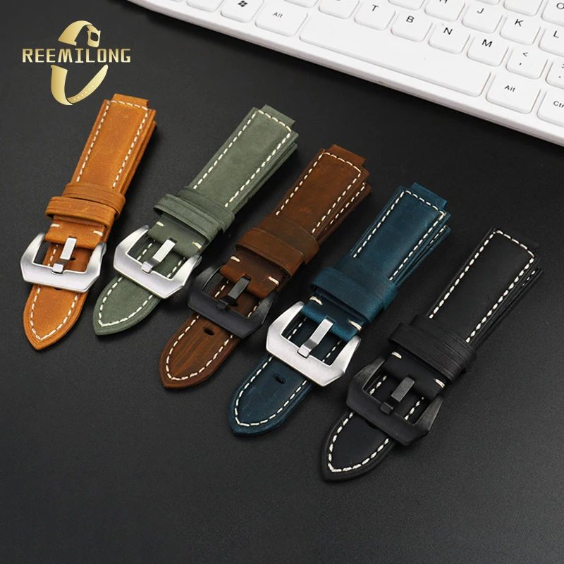 สายนาฬิกาหนังวัวแบบสายรัด24*16มม. สายนาฬิกาข้อมือวินเทจลายสีดำสีน้ำเงินสีน้ำตาลเข้มสีกากีสีน้ำตาลเข้มสำหรับ T2N720 T2N721 Timex