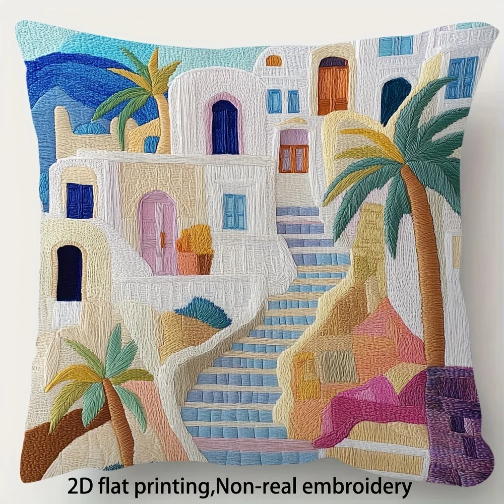 Santorini Greek Island Pillow Cover 2D Faux Embroidery Print Cushion Case Mediterranean Beach Home Decor Gift