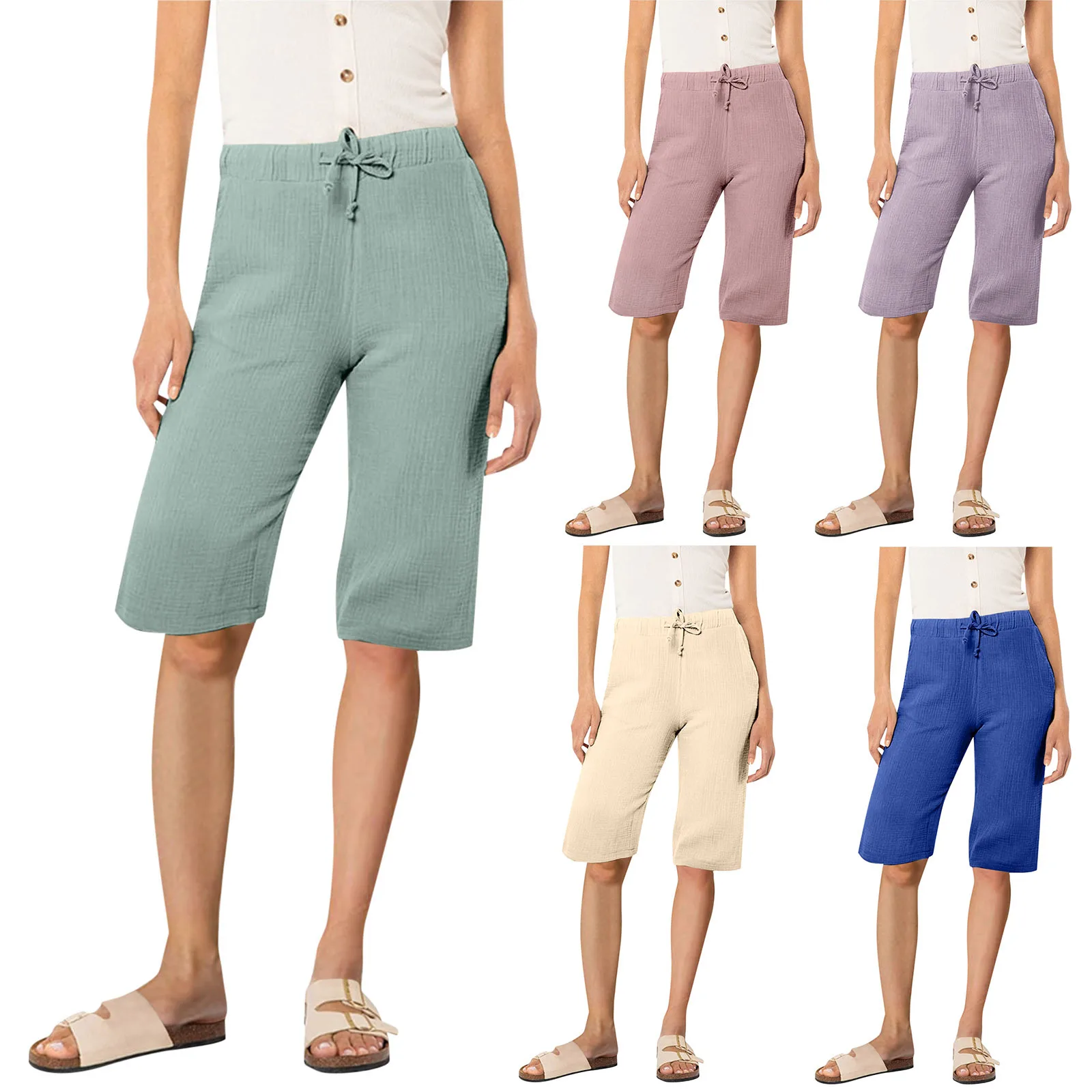 Summer Casual Pants Womens' Loose Shorts Lace Up Elastic Waist Lightweight Shorts With Pockets Fitness Running Outer Wear
