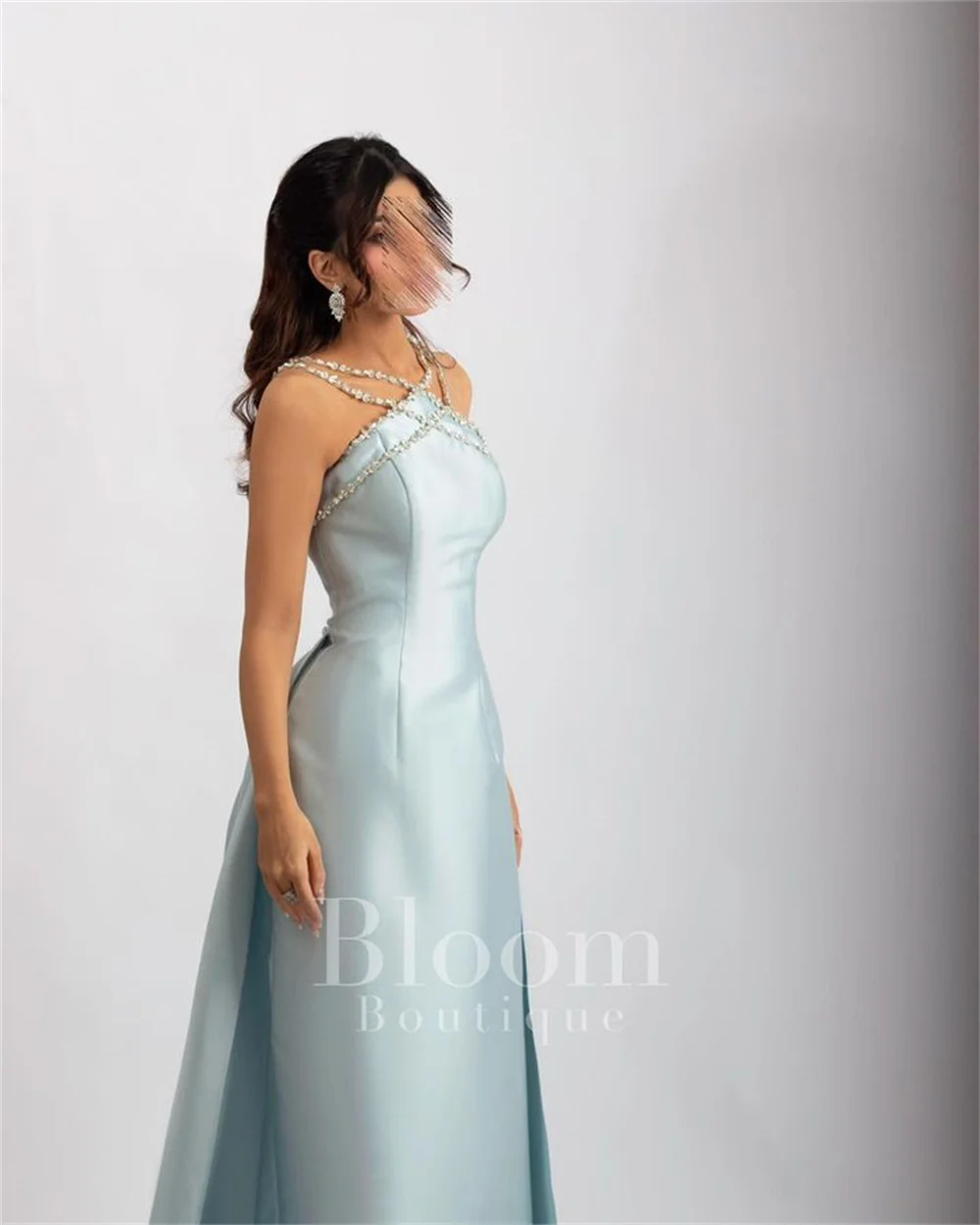 Bella Light Blue Robes De Soirée Halter Neck Mermaid Detachable Train Prom Dresses Sleeveless Floor-length Wedding Dress 2024