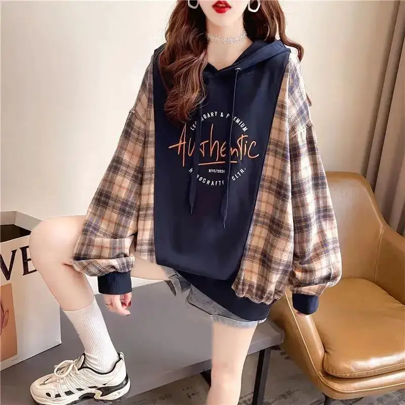 Women\'s Clothing 2023 Office Lady Simplicity Printing Patchwork Lacing Drawstring Fashion Loose Long Sleeve Hoodies Pullovers