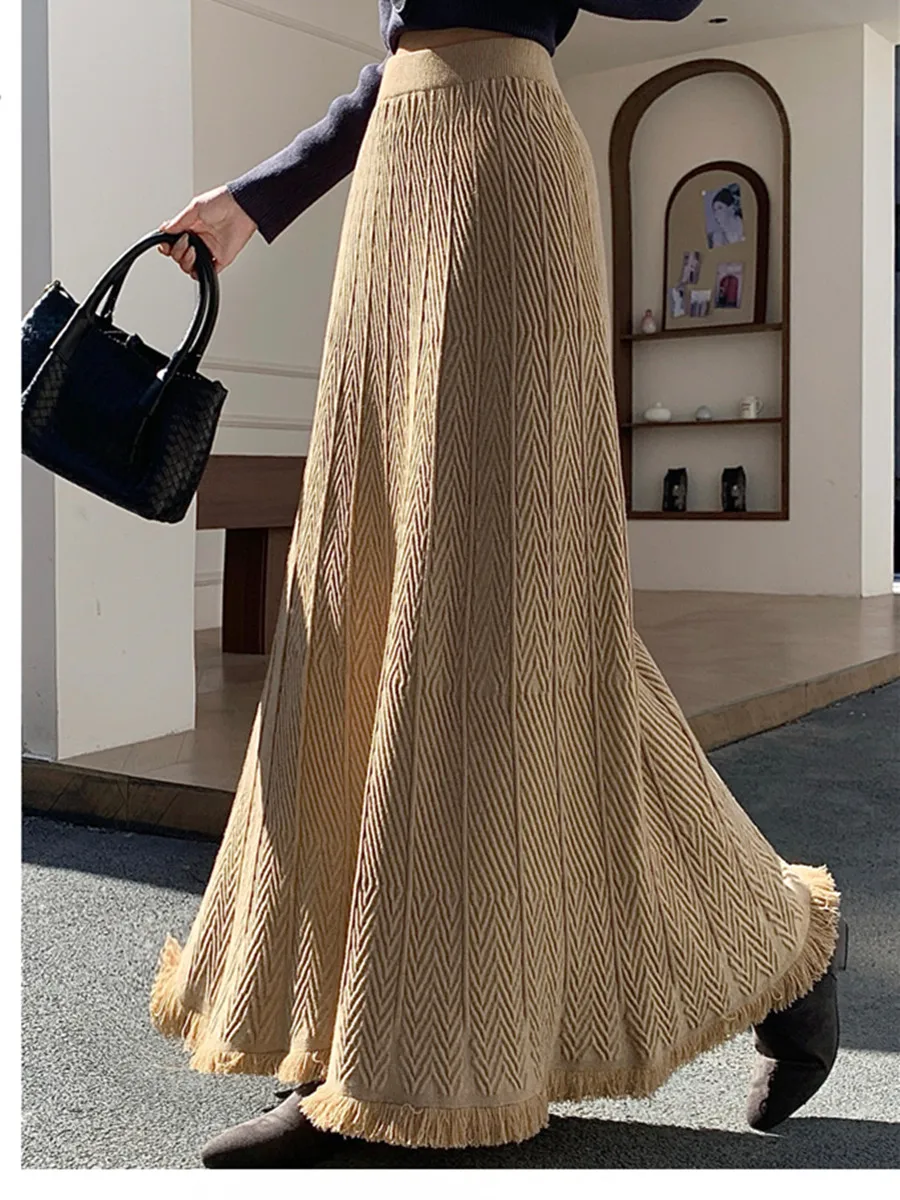Solid-Color Fringe Knit Skirt for Women 2025 Fall/Winter High-Waisted Striped Jacquard Pleated Full-Skirted A-Line Skirt