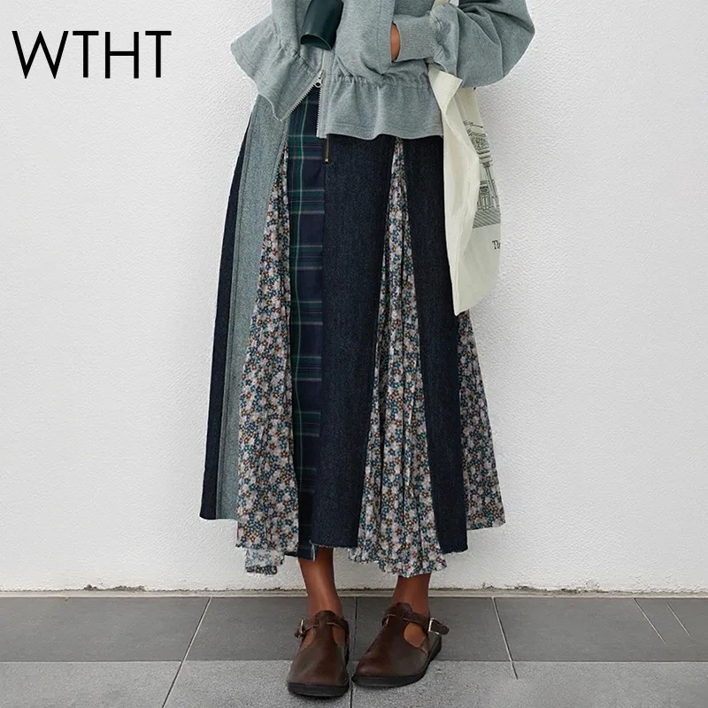 

WTHT новые модные женские лоскутные клетчатые длинные юбки трапециевидной формы с принтом, осень 2021, модная женская юбка с высокой талией 1LS2671