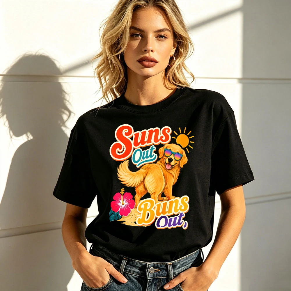 Summer Golden Retriever Dog Graphic T Shirt Suns Out Buns Out Funny Beach Tee Tropical Hibiscus Sun Print Crew Neck Oversized