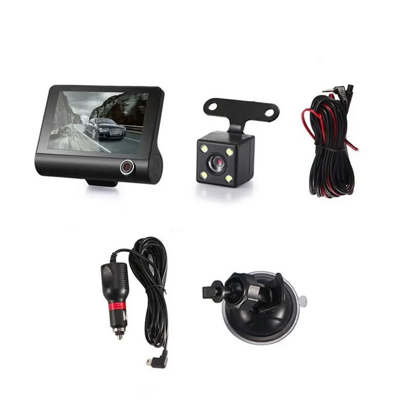 Car DVR Dashcam HD Screen 1080P 3 Lens Video Recorder Front + Interior+Rear View Camera Dash Cam 4 Inch Black-X67A