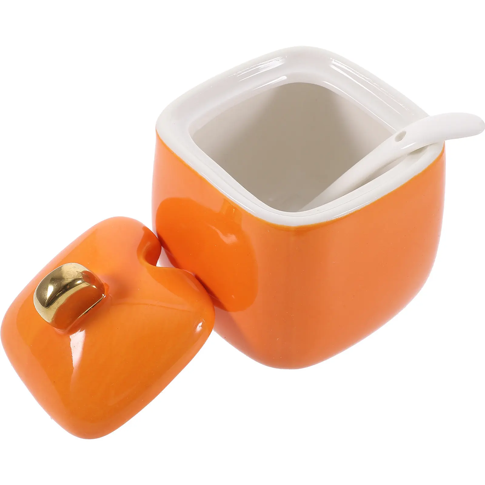 

Набор для хранения приправ: контейнеры для соли, перца, сахара, чили-порошка с оранжевыми крышками и мерными ложками, легко моются