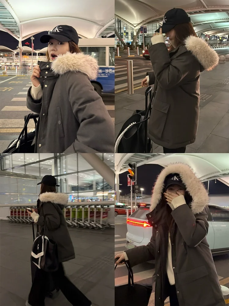

plus Size down Jaet Warm Du Feather Filling Winter Coat for Plump Sister Loose Fit Long Sve Zipper Closure Color