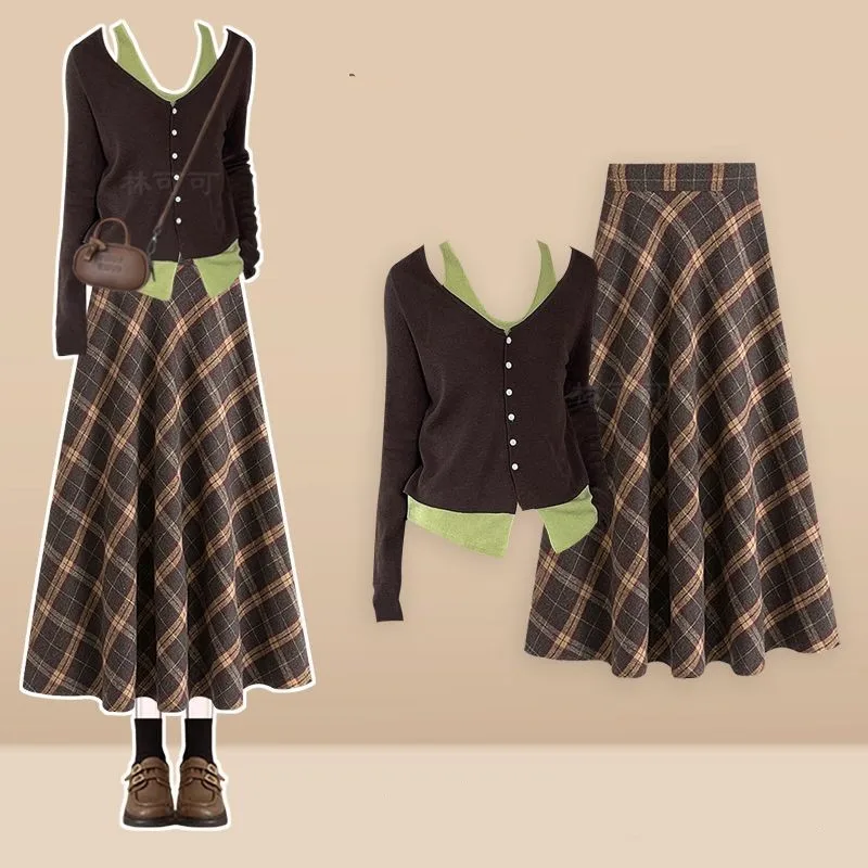 Pull en tricot Vintage + jupe à carreaux taille haute pour femme, costume deux pièces, robe élégante coréenne, ensemble assorti, nouvelle mode printemps automne