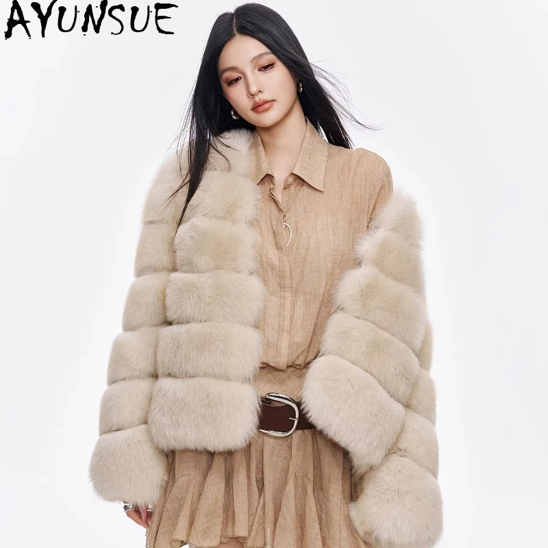 معطف فرو الثعلب الحقيقي من AYUNSUE معطف نسائي قصير جديد في ملابس خارجية معاطف فرو شتوية للسيدات سترة فرو أنيقة ملابس نسائية فاخرة Fourrure