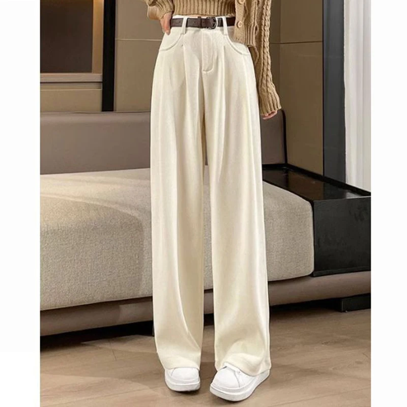 2025 New Women Concise Fashion Straight Leg Pants Female Chic Rtero Designer High Waisted Trousers Lady Korean Daily Suit Slacks