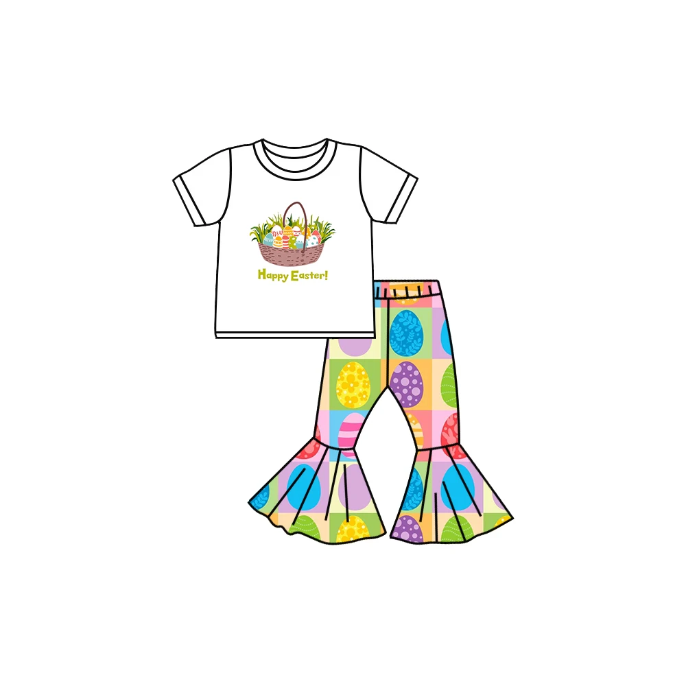 طقم ملابس أطفال مطبوعة على شكل قلب على شكل بيضة عيد الحب وعيد الفصح بأكمام قصيرة وسراويل واسعة من حرير الحليب الناعم المخصص