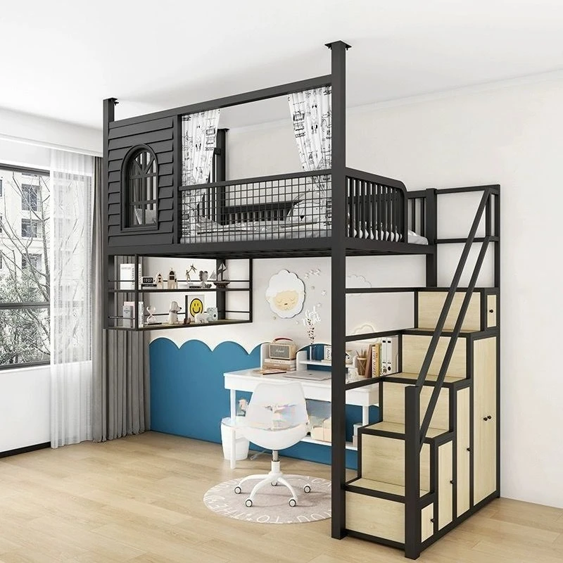 Wrought iron loft bed Upper bed Empty space saving space High and low re-examination Small apartment dormitory