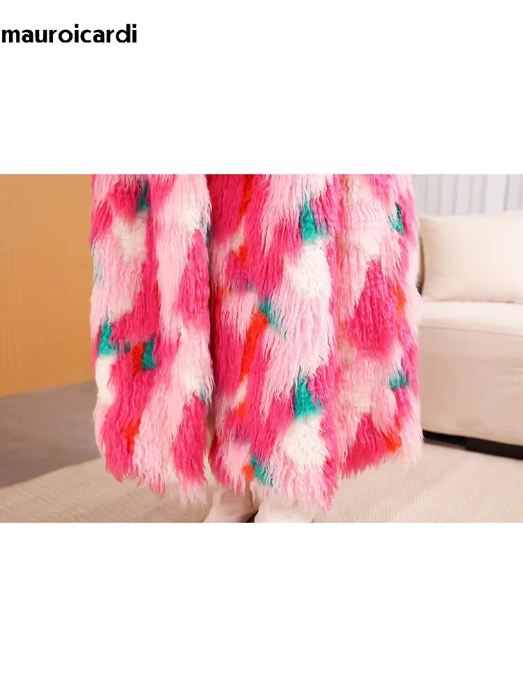 Mauroicardi Winter Luxury Oversized Extra Long Colorful Multicolored Thick Warm Fluffy Shaggy Hairy Faux Fur Coat Women Sashes