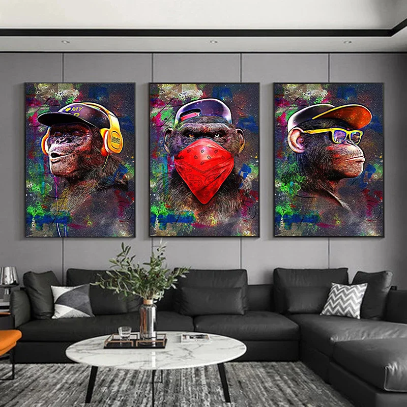 Pop Graffiti Art Listening To Music Hip-hop Monkey Canvas Painting Poster and Print Wall Art Picture for Living Room Home Decor