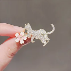Rinhoo Cartoon Full Rhinestone Cat Brooch For Women Cute Cherry Blossom Long Tail Kitten Enamel Pins Small Animal Badge Jewelry