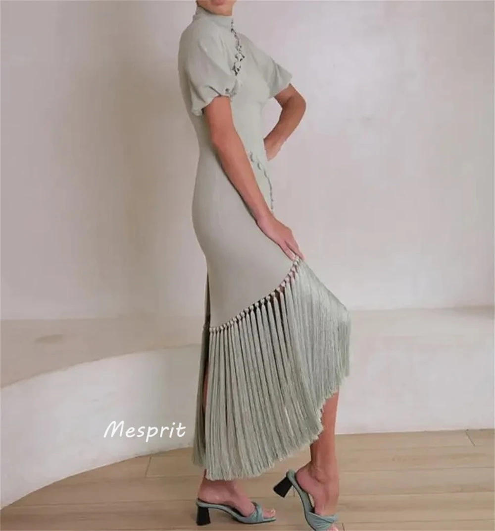 Mesprit-vestido Formal de satén con borlas y botones para mujer, traje de noche de estilo moderno con cuello alto, línea A, a medida, para ocasiones de Graduación