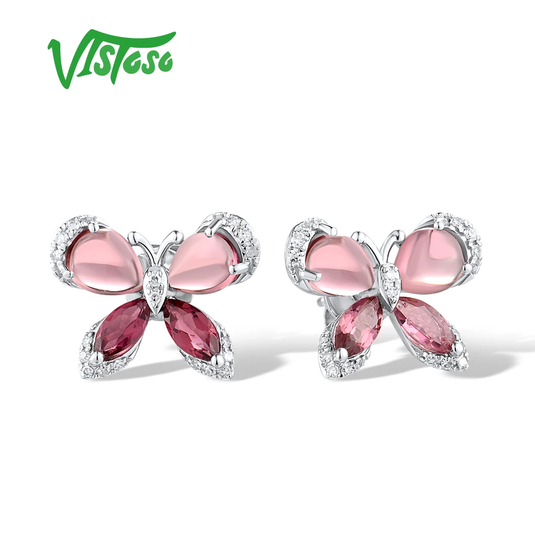 VISTOSO Genuine 14K 585 White Gold Earrings For Women Sparkling Diamonds Pink Tourmaline Cute Butterfly Party Gifts Fine Jewelry