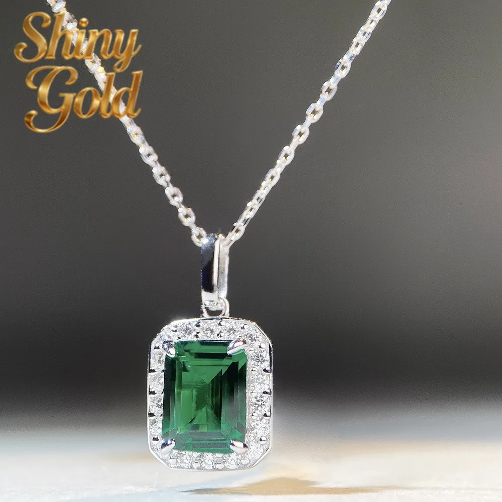 

ShinyGold Luxury 18K White Gold Solid Platinum PT950 Emerald Diamond Pendant Necklace Women's Princess Full Diamond Clavicle Ch