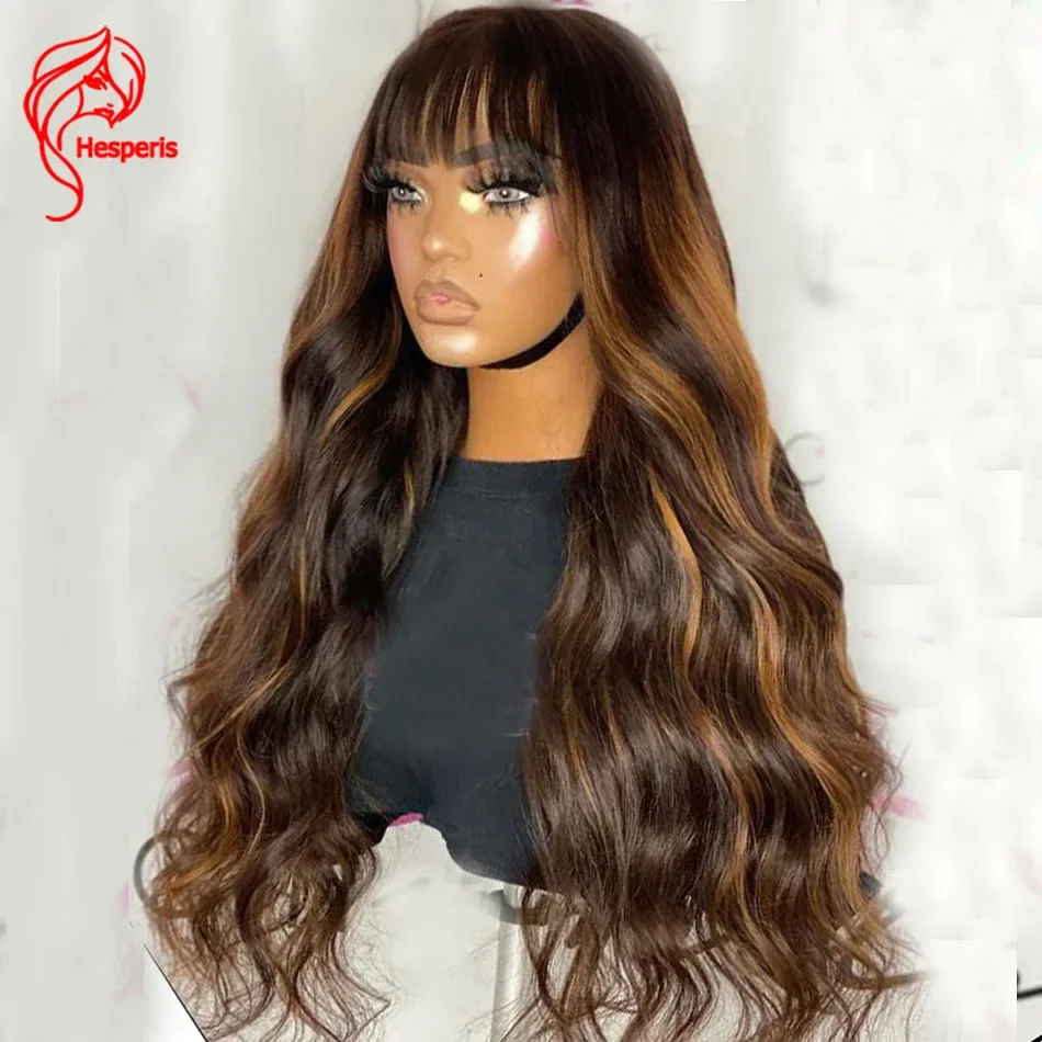 

Hesperis 200 Density Blonde Highlight Scalp Top Full Machine Made Human Hair Wig With Bangs Remy Hair Wear And Go Wigs