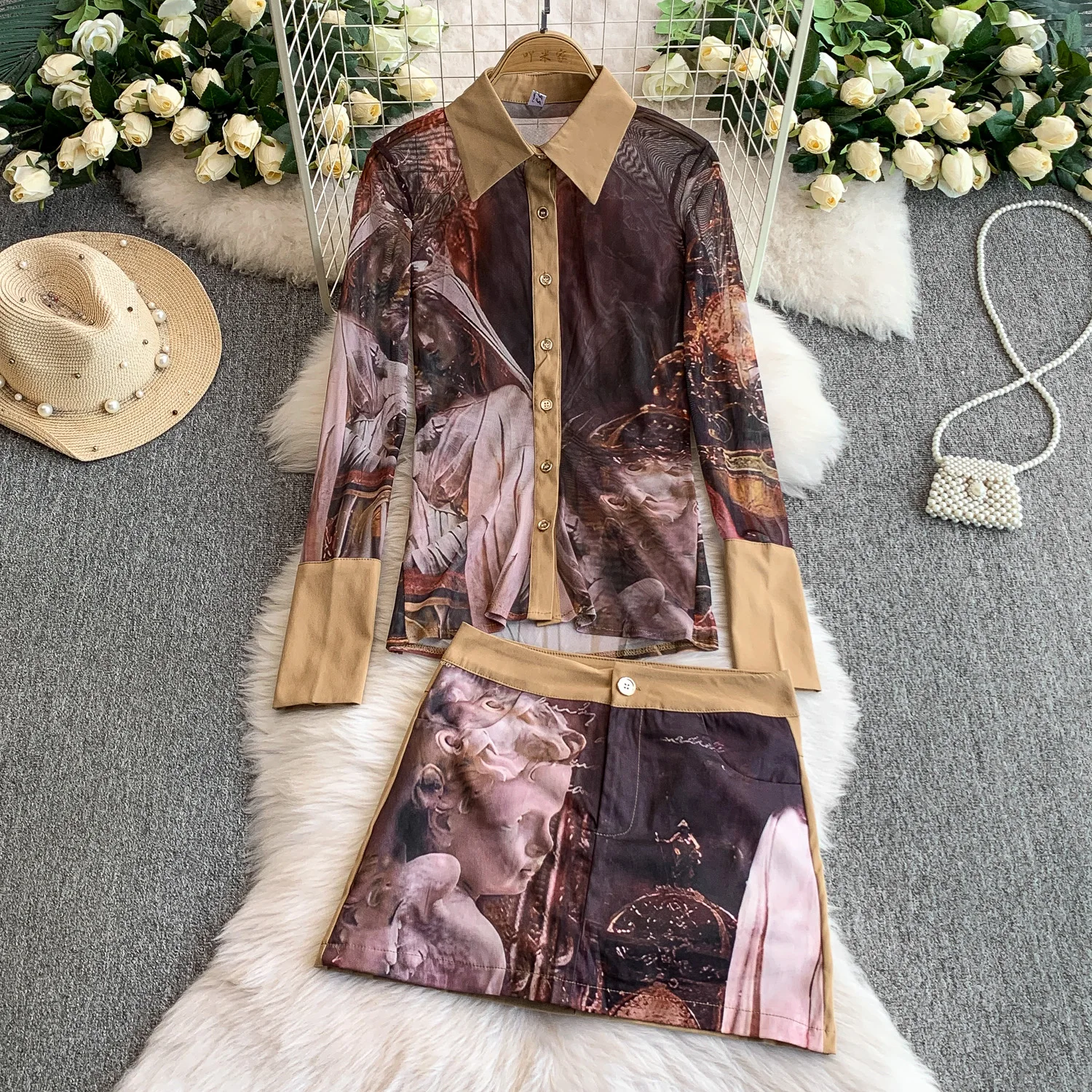 

Летняя юбка с принтом, комплект из двух предметов, сетчатая лоскутная рубашка с длинными рукавами и лацканами, юбки трапециевидной формы, костюм, сексуальные женские комплекты в американском стиле ретро