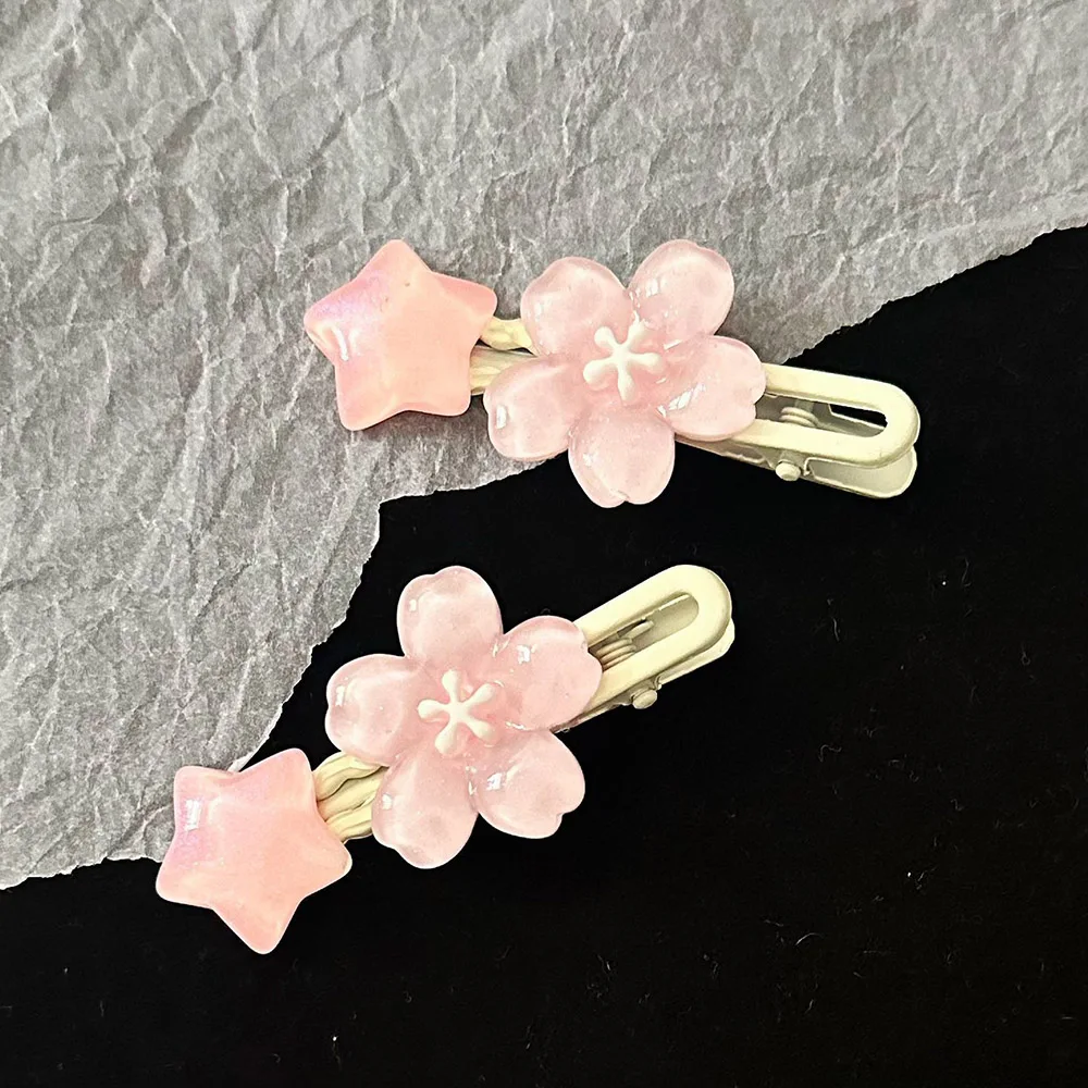 2PCS Romantic Sweet Pink Cherry Blossom Wave Hairpin Cute Soft Star Hairclip Girl Wind Side Clips Hair Accessories