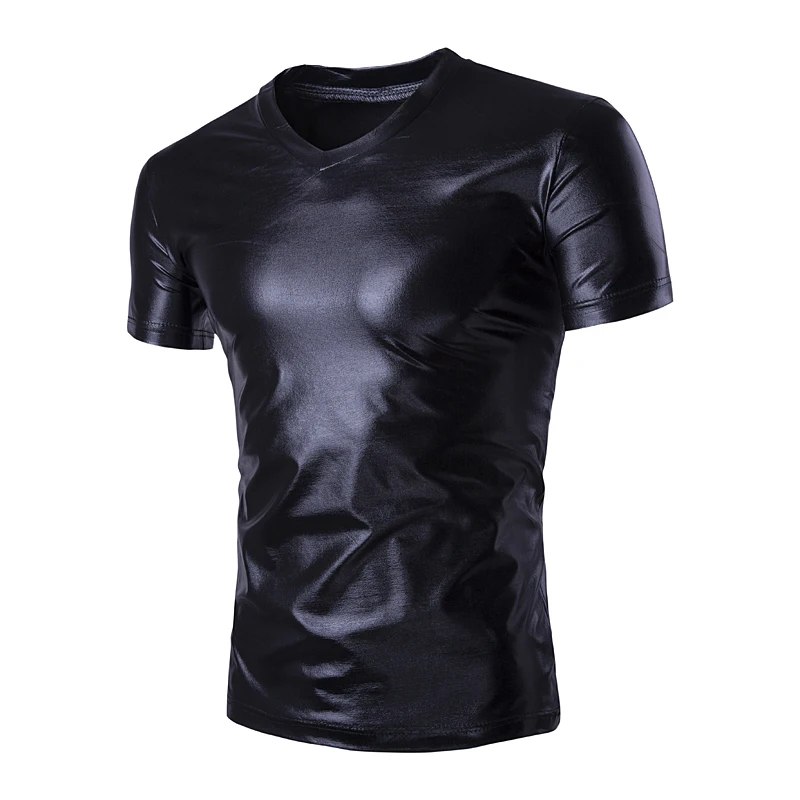 Men Shiny Metallic Classic V Neck T Shirt Nightclub Stage Tshirt  Short Sleeve Blouses Men Hip Hop Streetwear Slim Fit Tops