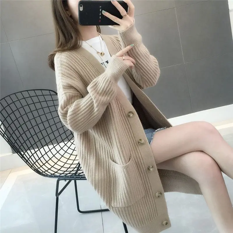 Sweaters for Women 2023 New Thickened Korean Style Knitwear Coat Spring Autumn Knitted Cardigan Mid-Length Loose Sweater Coat