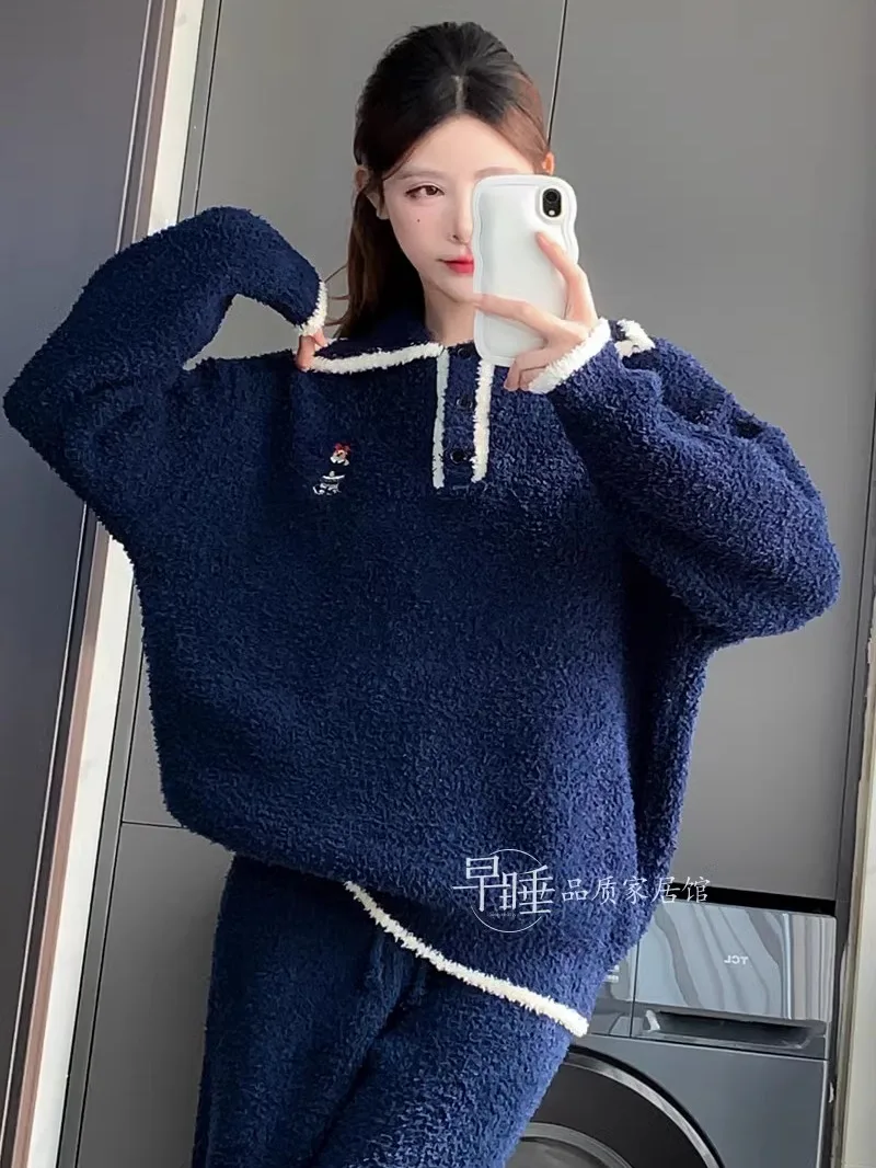 النمط الياباني الخريف الشتاء جديد الحلو لطيف فتاة طويلة الأكمام منامة النساء سميكة الدافئة فضفاضة ملابس منزلية غير رسمية